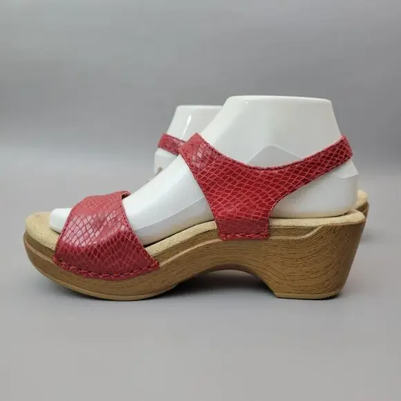 Dansko Red Snakeskin Leather Double Strap Slingback Wedge Sandals Size 38-8 - Picture 3 of 11
